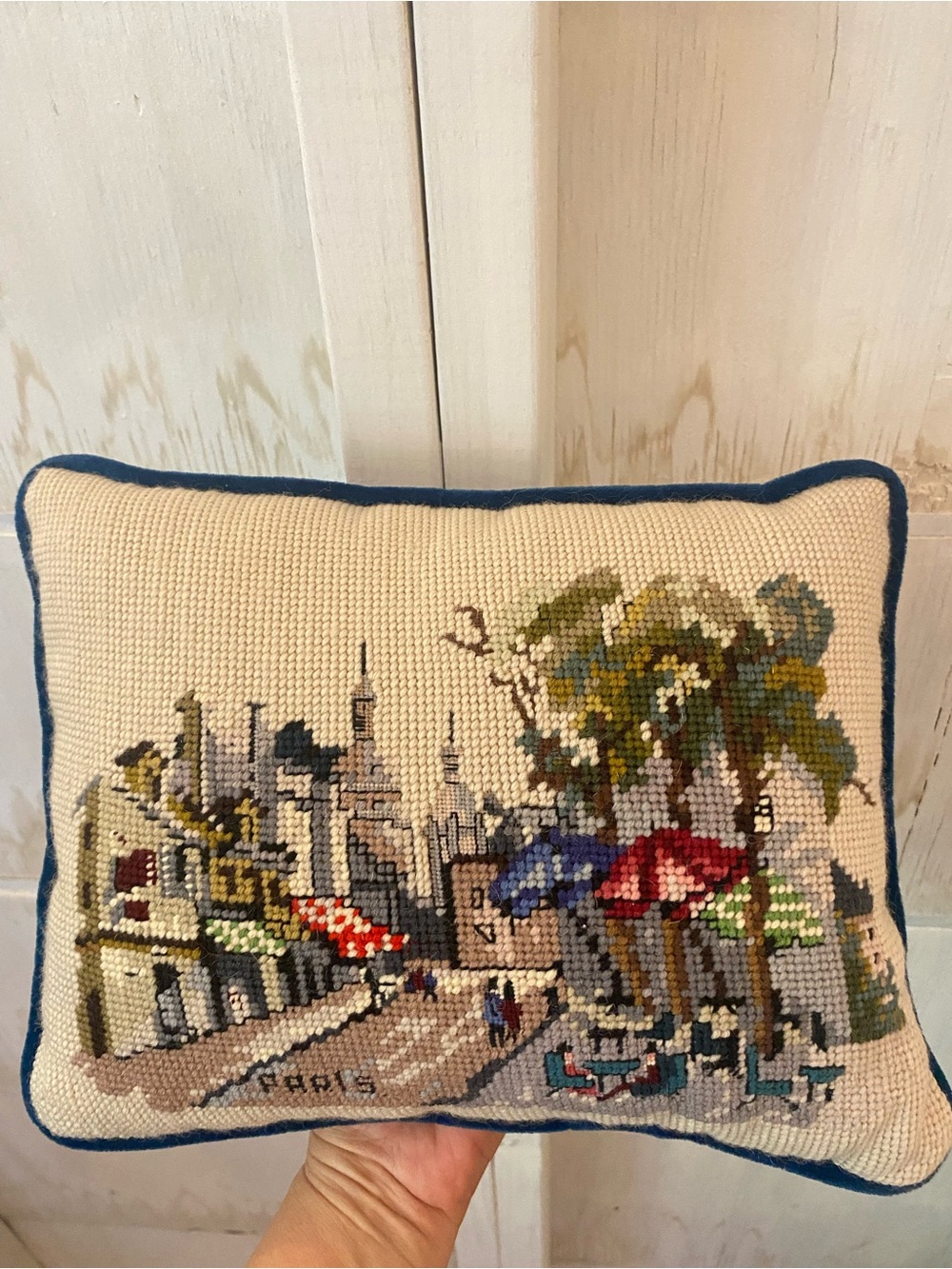 Needlepoint Paris Cityscape Accent Pillow in Cream Multicolor Blue Velvet 10x11”